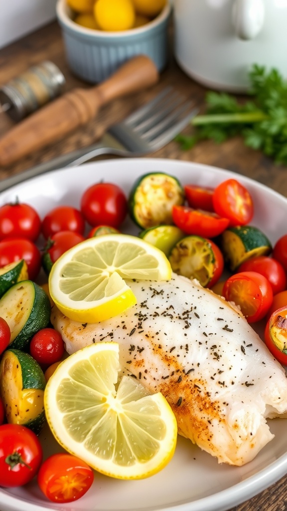 Zesty Lemon Pepper Tilapia with Seasonal Vegetables A plate of zesty lemon pepper tilapia with roasted vegetables, garnished with lemon, on a rustic table.